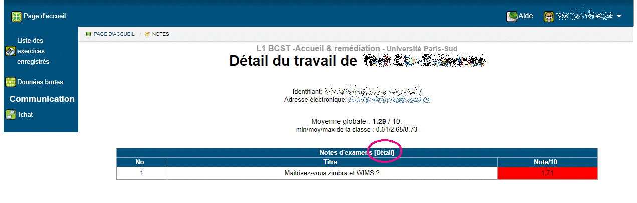 copie �cran d'un acc�s exaen � partir du carnet de notes