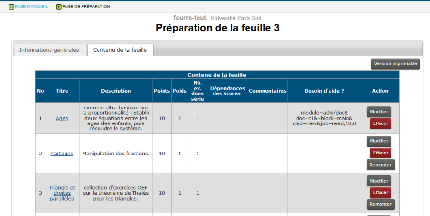 page de pr�paration d'une feuille d'exercices